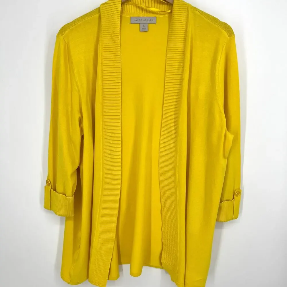 Laura Ashley Yellow Cardigan Sweater Size L ¾ Sleeve